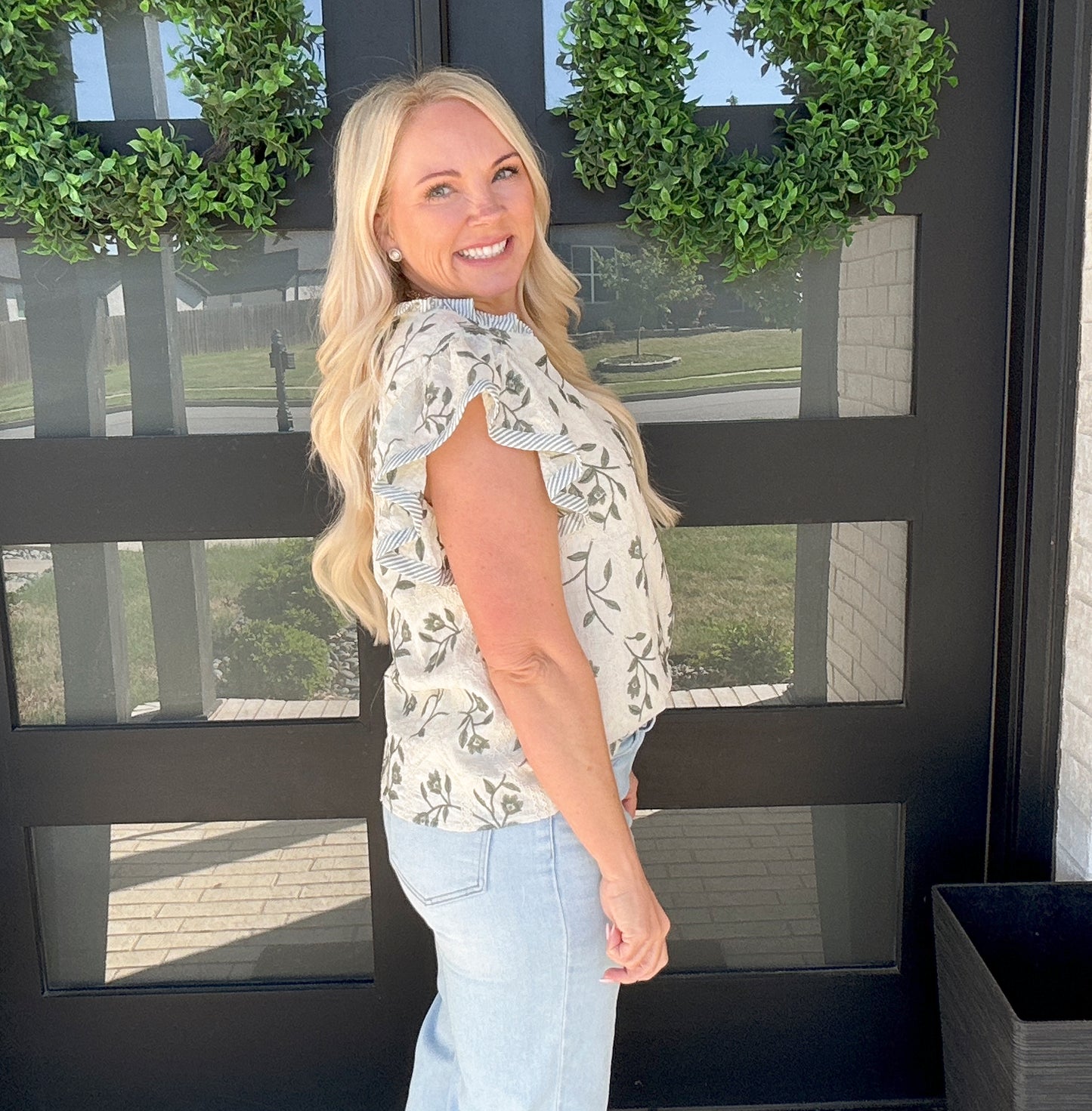 Olive Botanical Ruffle Blouse