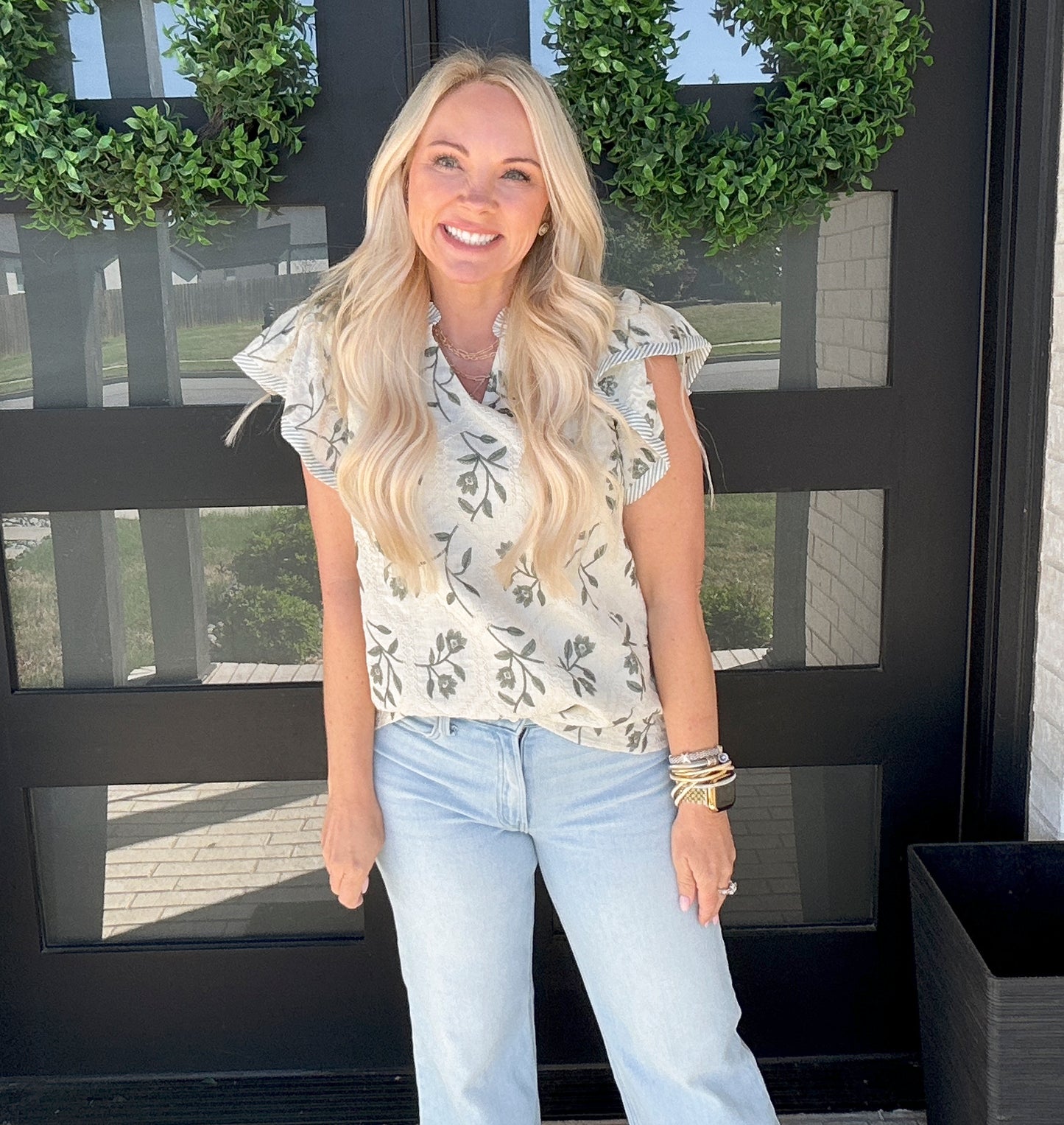 Olive Botanical Ruffle Blouse