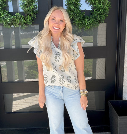 Olive Botanical Ruffle Blouse