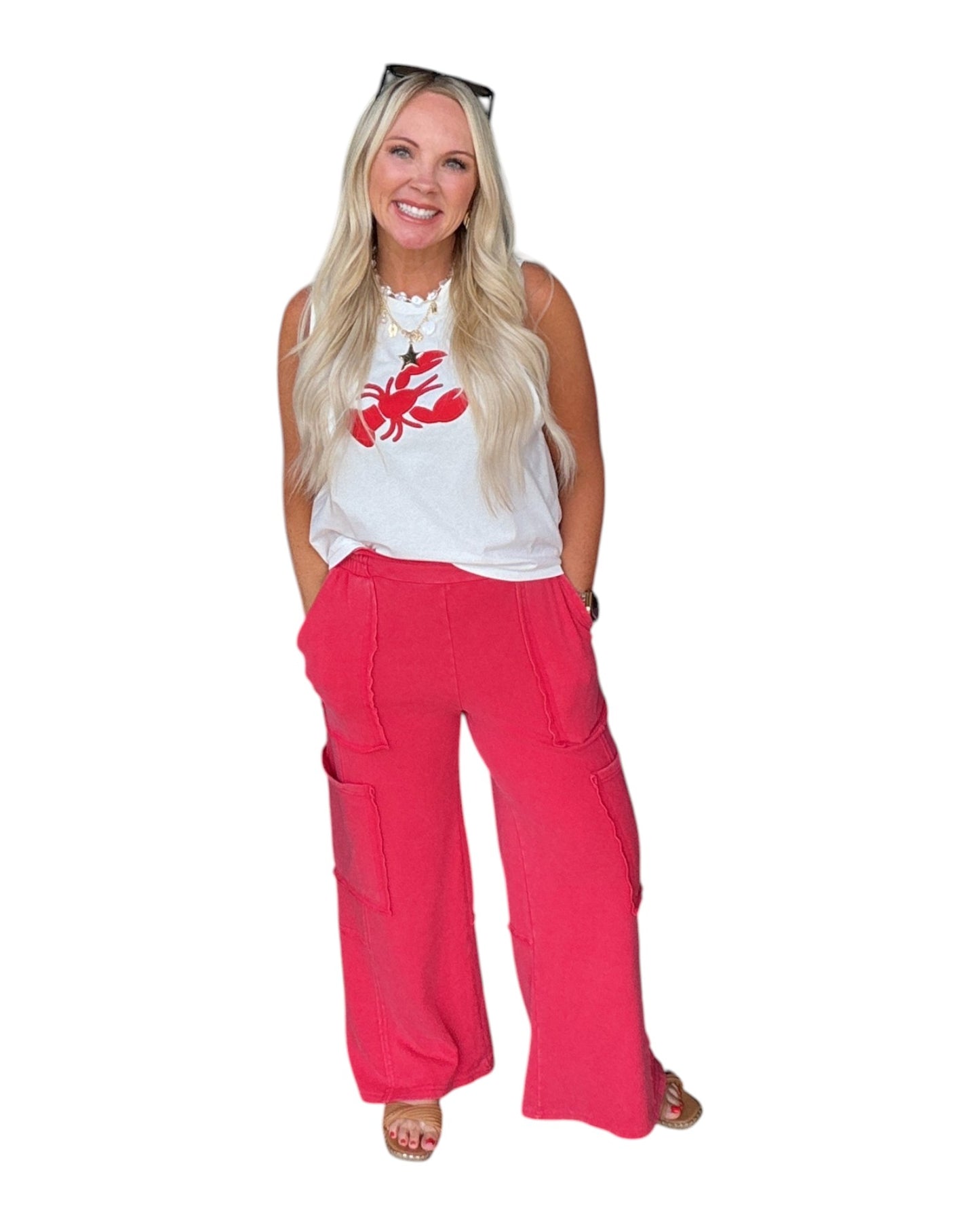 Mineral Wash Wide Leg Cargo Pants - Red