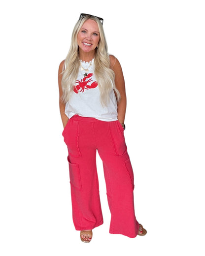 Mineral Wash Wide Leg Cargo Pants - Red