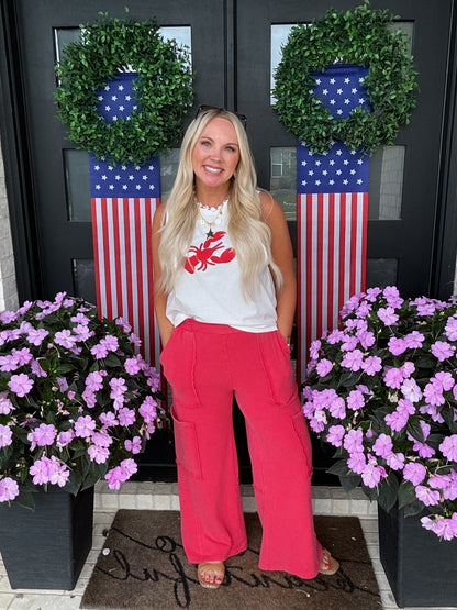 Mineral Wash Wide Leg Cargo Pants - Red