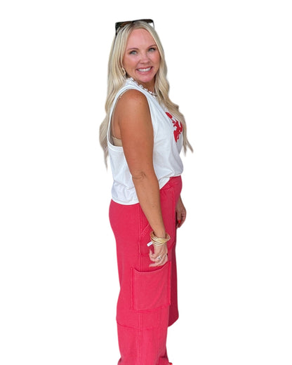 Mineral Wash Wide Leg Cargo Pants - Red