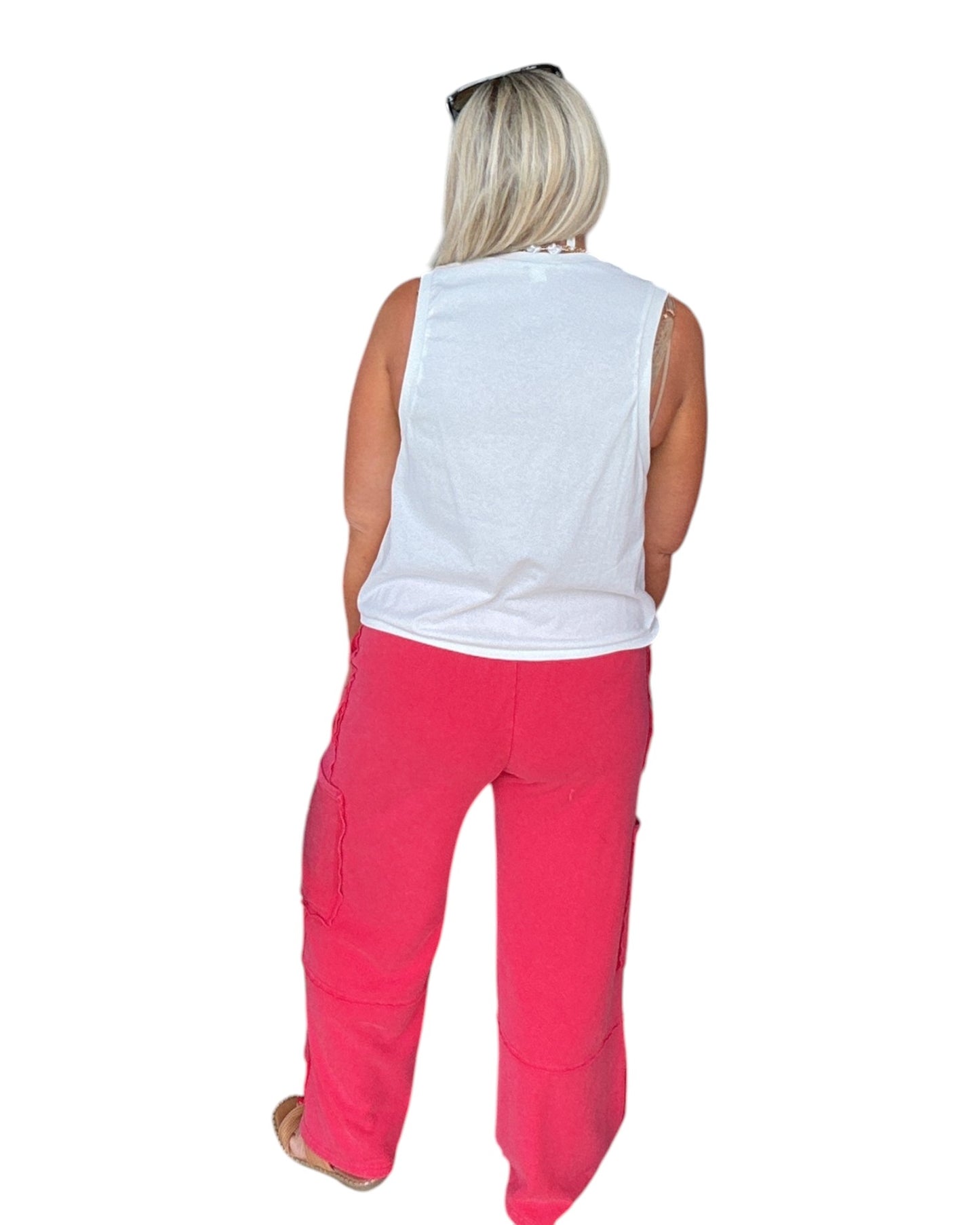 Mineral Wash Wide Leg Cargo Pants - Red