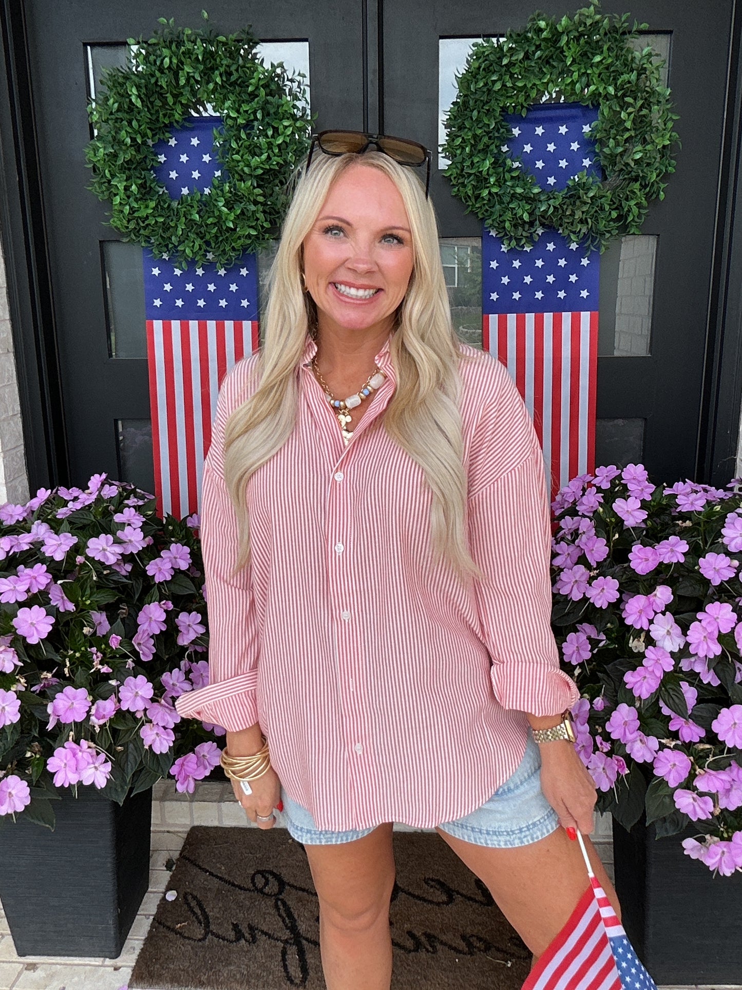 Red Striped Button-Up Shirt