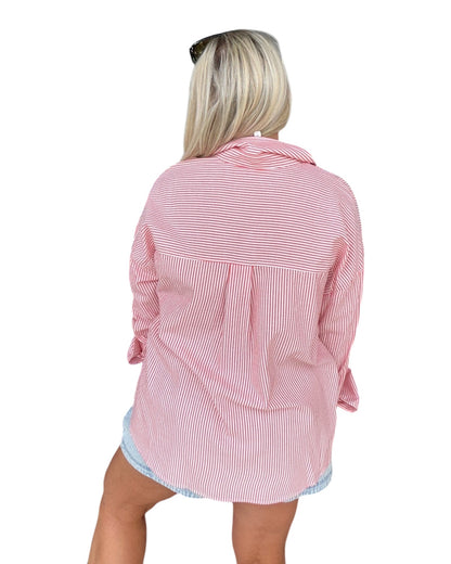 Red Striped Button-Up Shirt