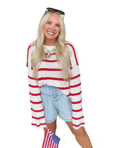 Lightweight Wide-Sleeve Striped Sweater - Red