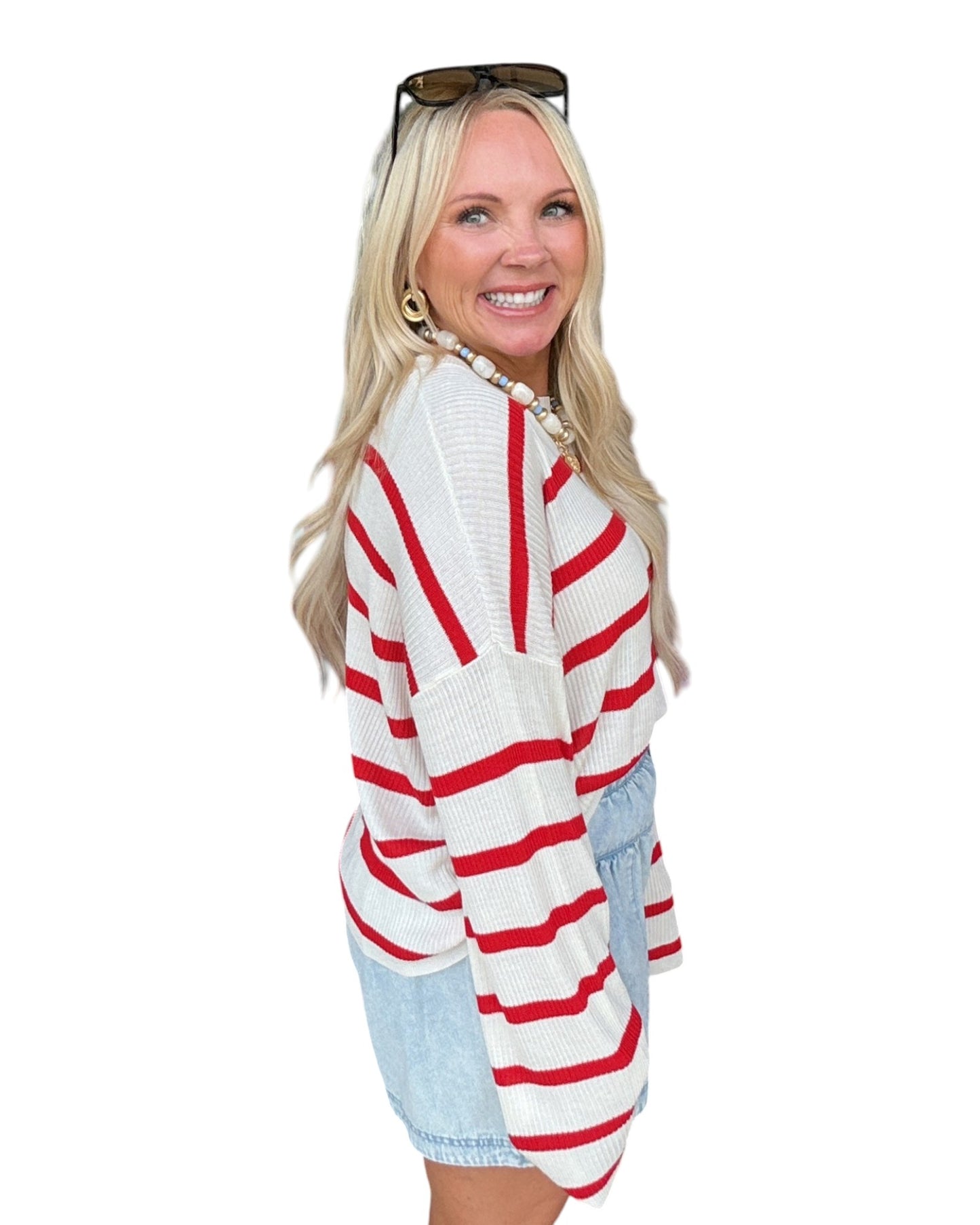Lightweight Wide-Sleeve Striped Sweater - Red