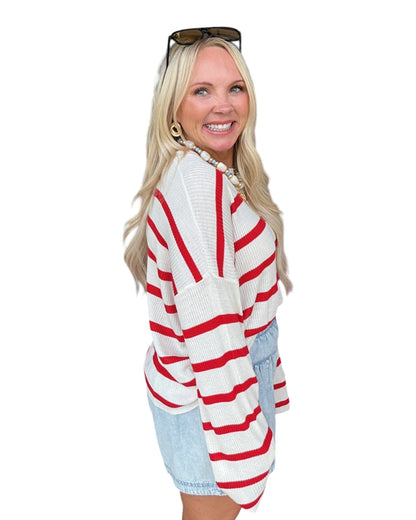 Lightweight Wide-Sleeve Striped Sweater - Red