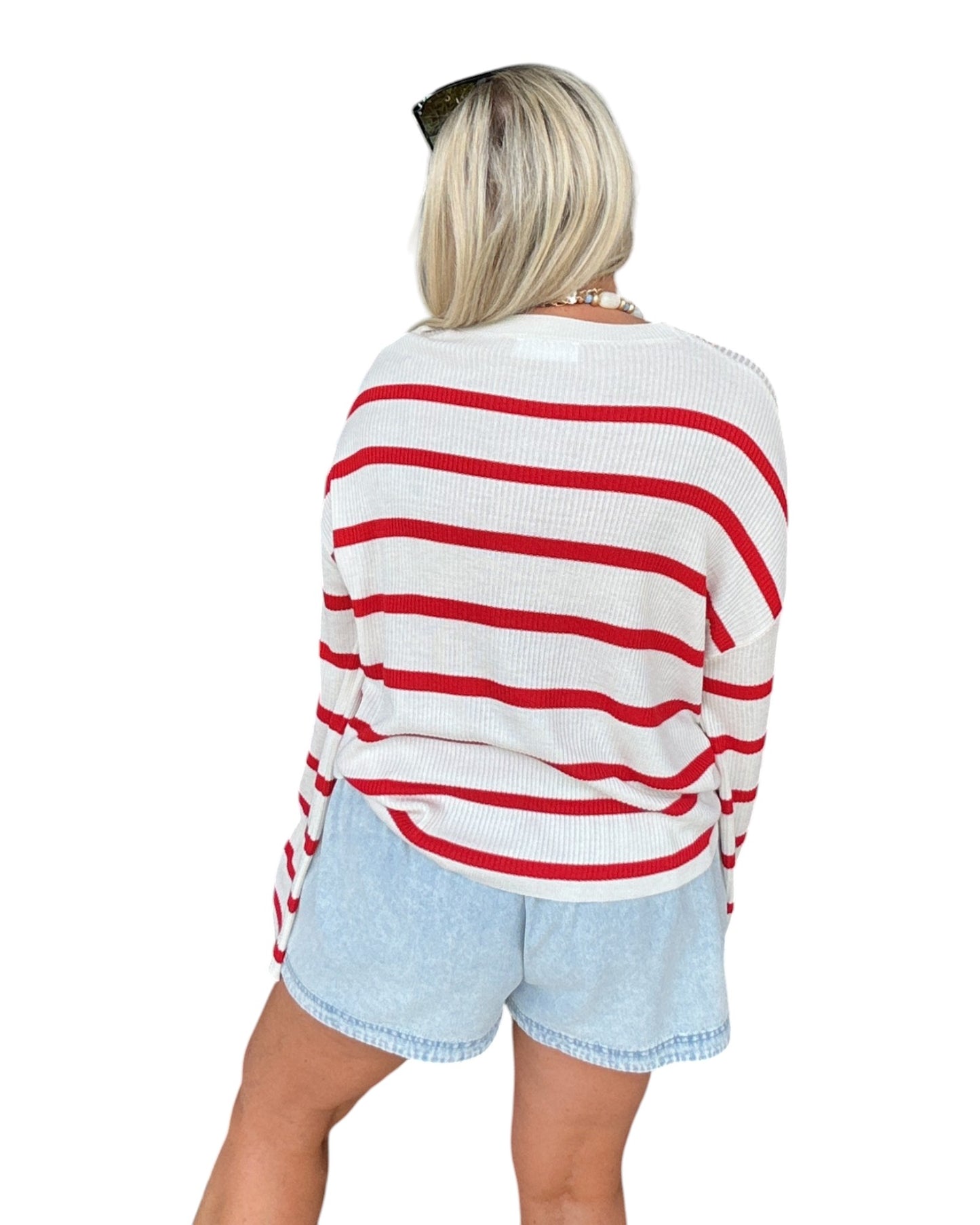 Lightweight Wide-Sleeve Striped Sweater - Red