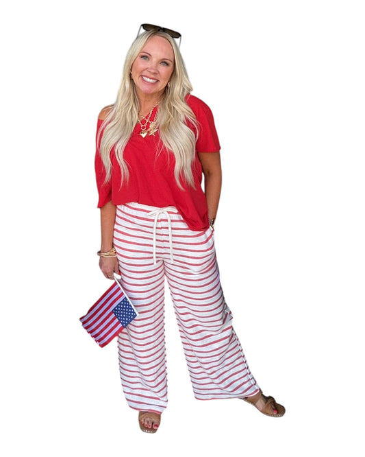 Stripe Knit Wide Leg Lounge Pants - Red
