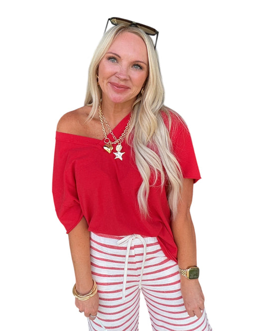 Washed V-Neck Oversized Tee - Red