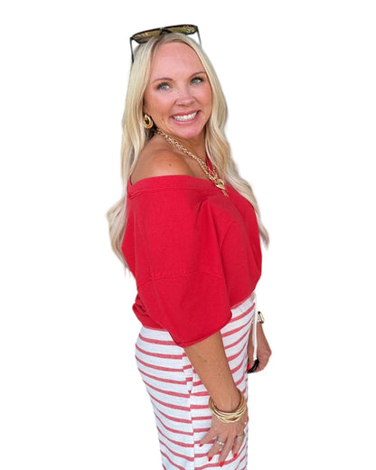 Washed V-Neck Oversized Tee - Red