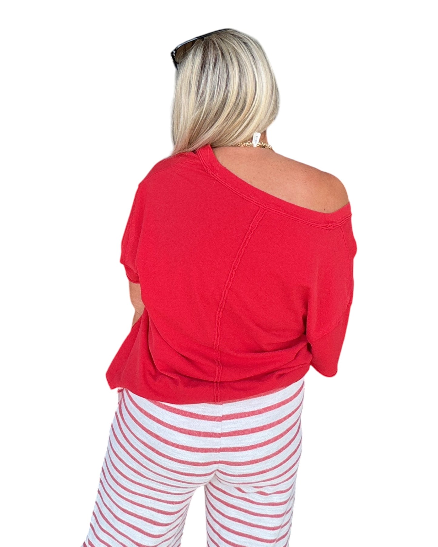 Washed V-Neck Oversized Tee - Red