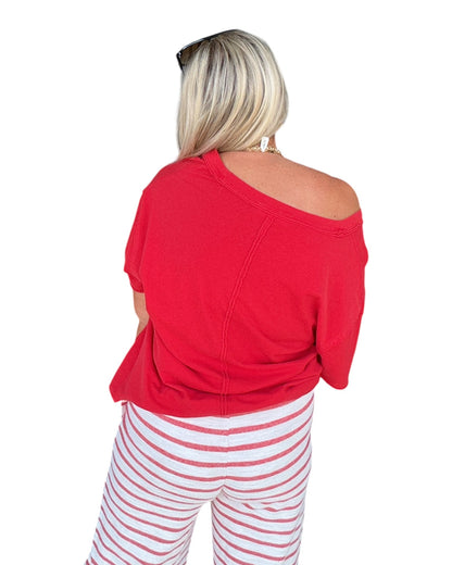 Washed V-Neck Oversized Tee - Red