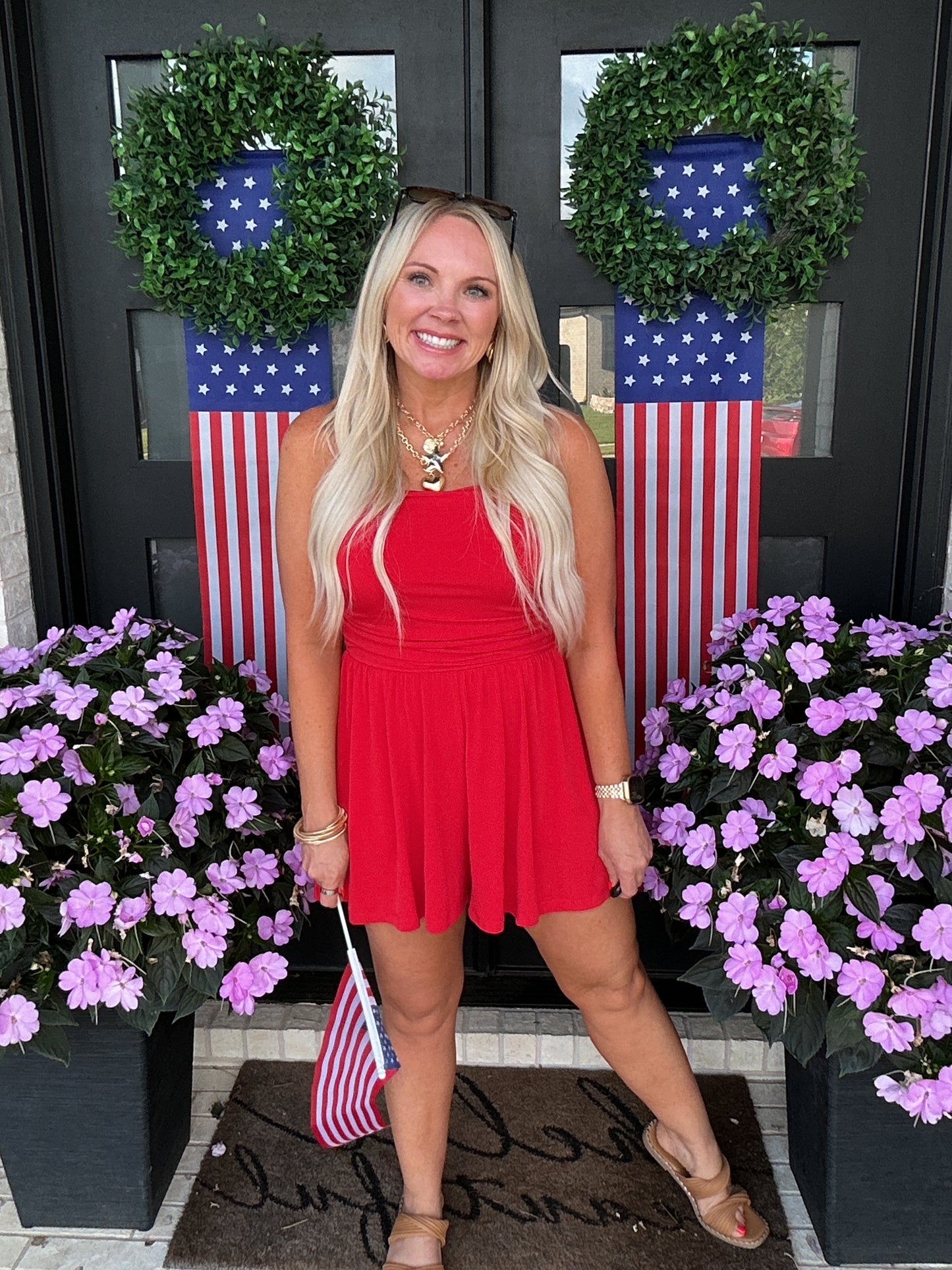 Strapless Shirred Waist Romper - Red