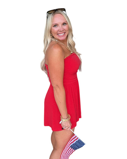 Strapless Shirred Waist Romper - Red
