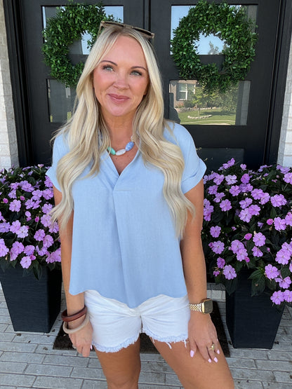 Split Neck Linen Blouse - Blue