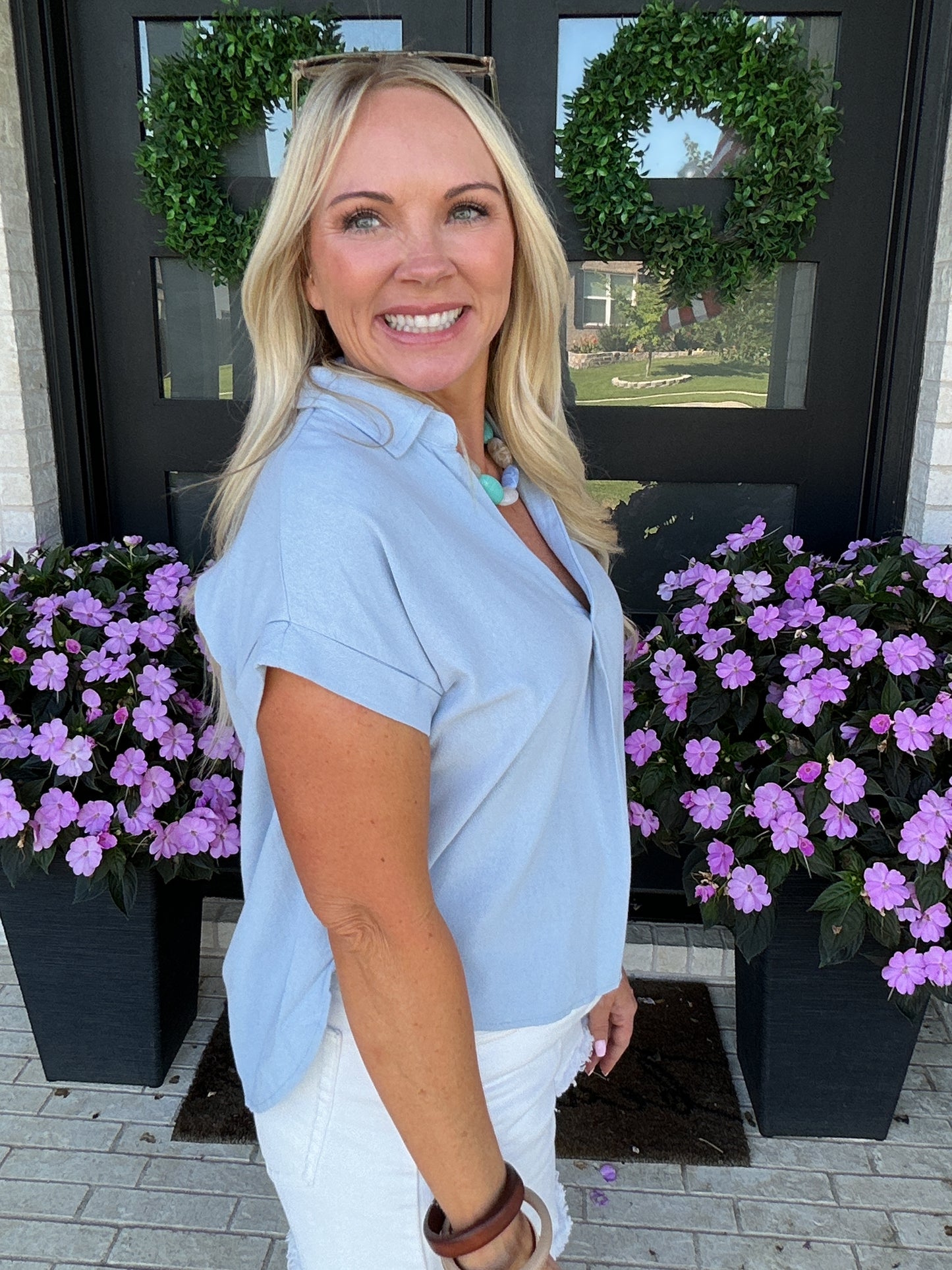 Split Neck Linen Blouse - Blue