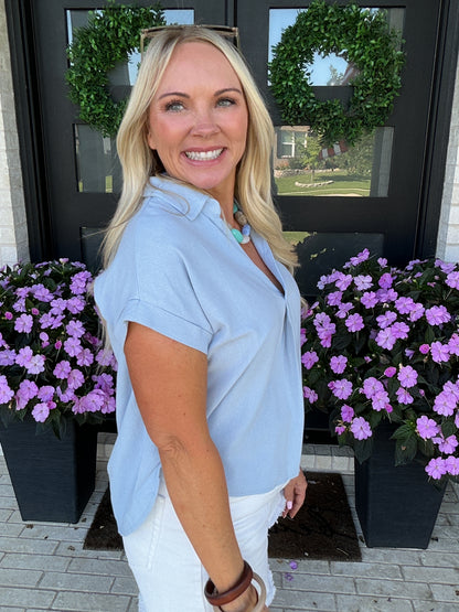 Split Neck Linen Blouse - Blue