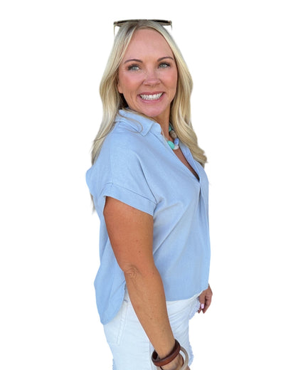 Split Neck Linen Blouse - Blue