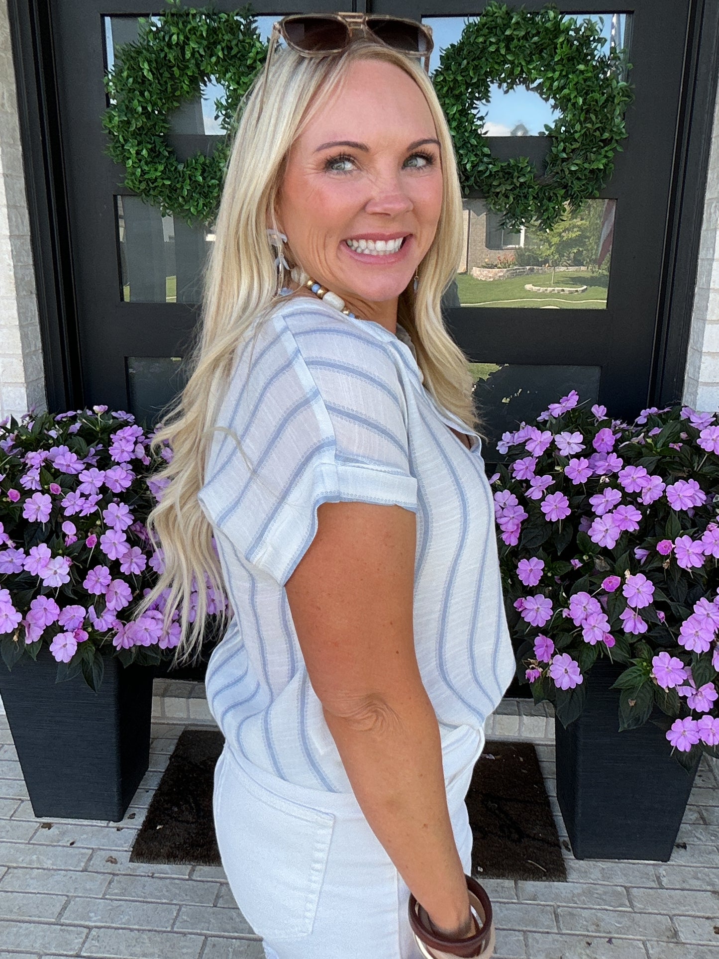 Back Button Stripe Top