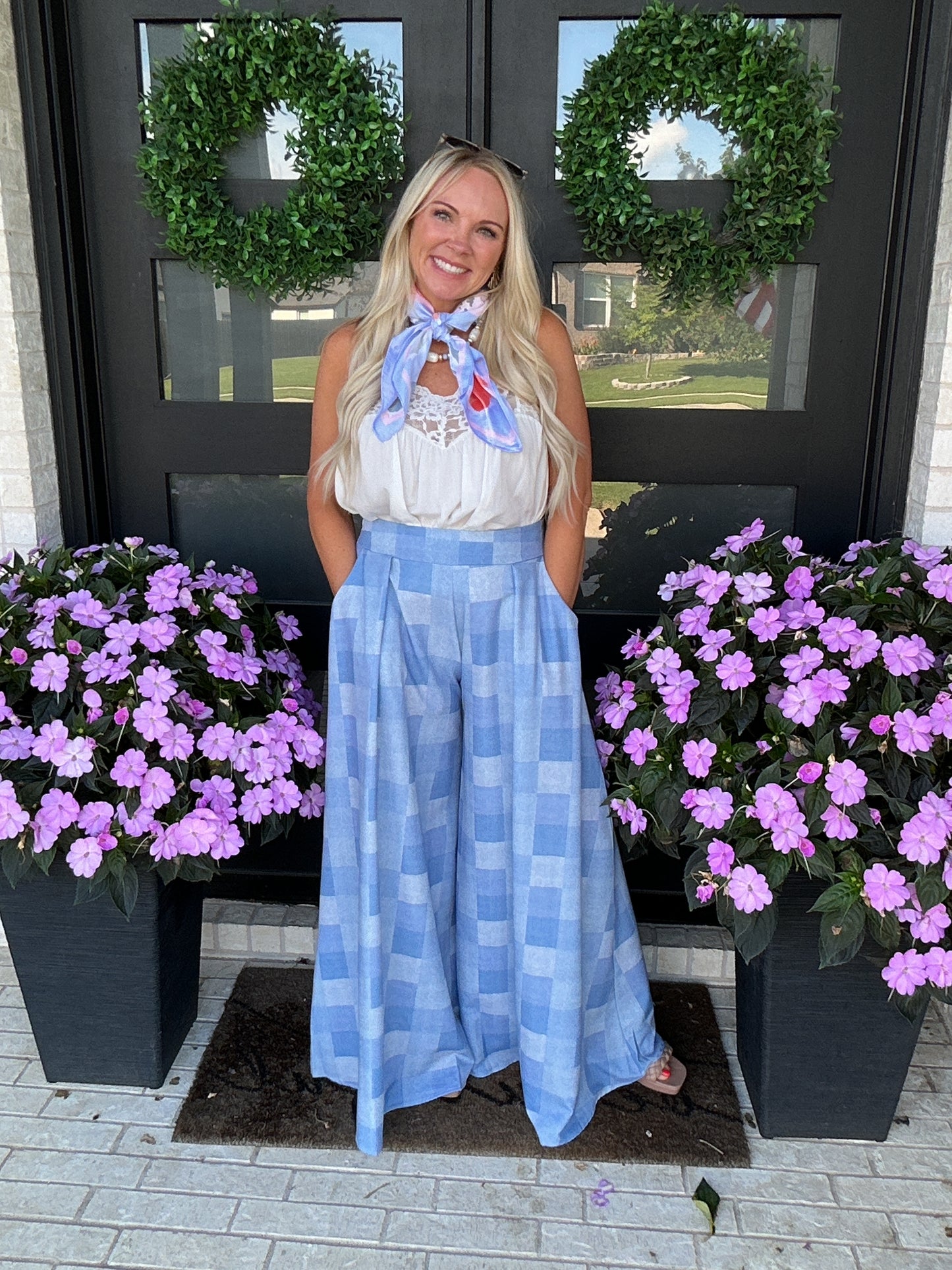 Denim Gingham Wide Leg Pants