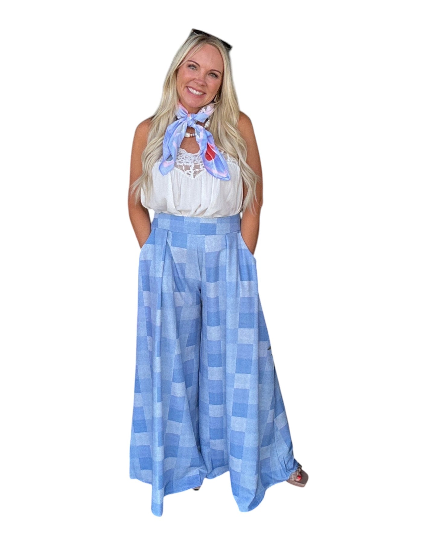 Denim Gingham Wide Leg Pants