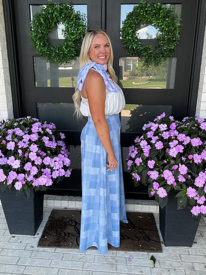 Denim Gingham Wide Leg Pants