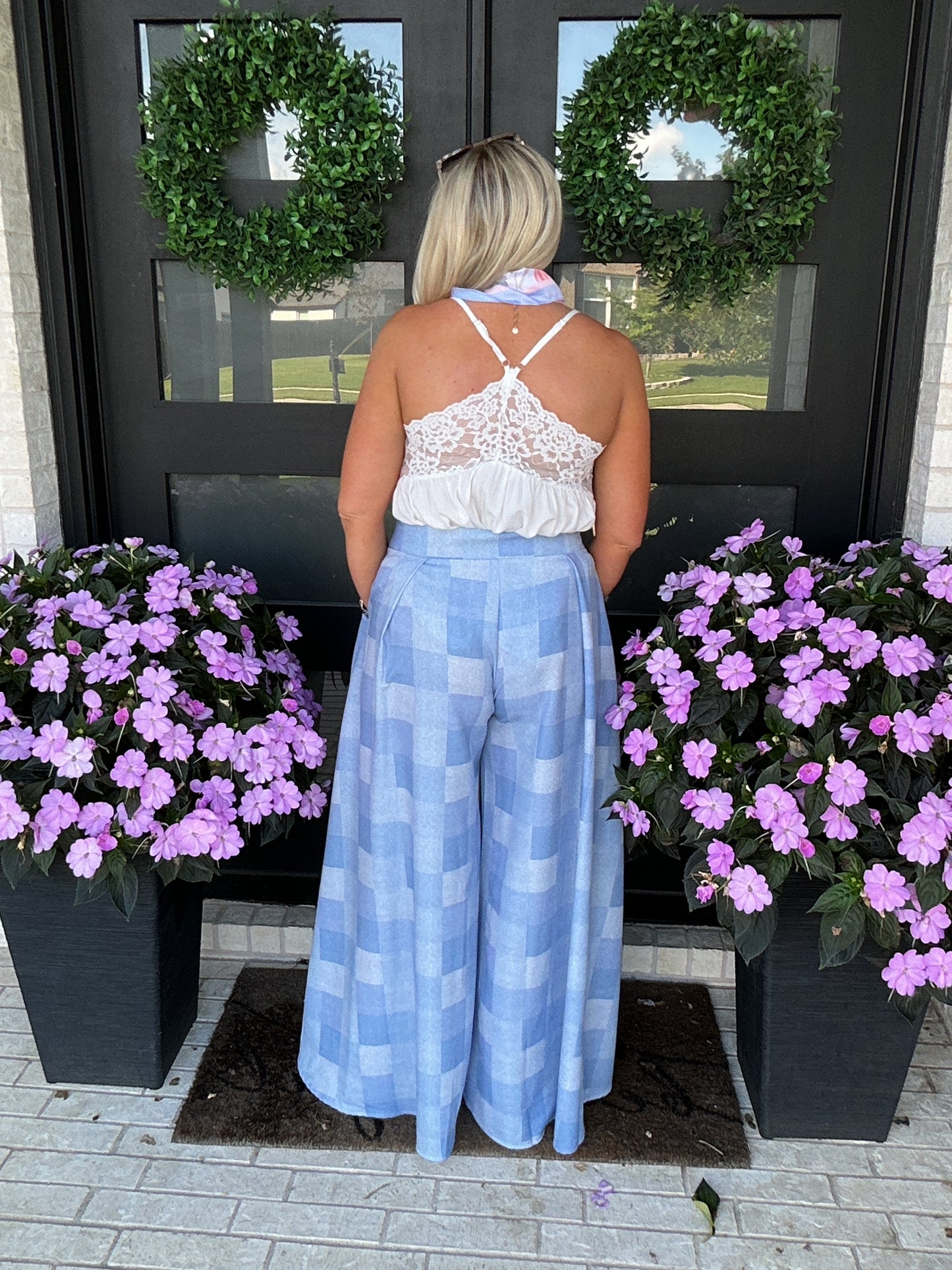 Denim Gingham Wide Leg Pants