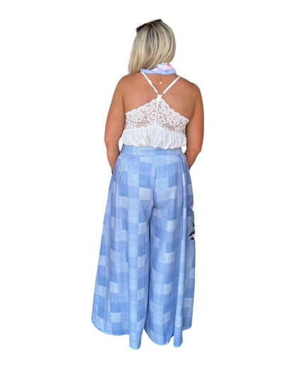 Denim Gingham Wide Leg Pants