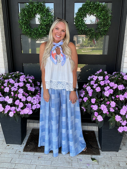 Denim Gingham Wide Leg Pants