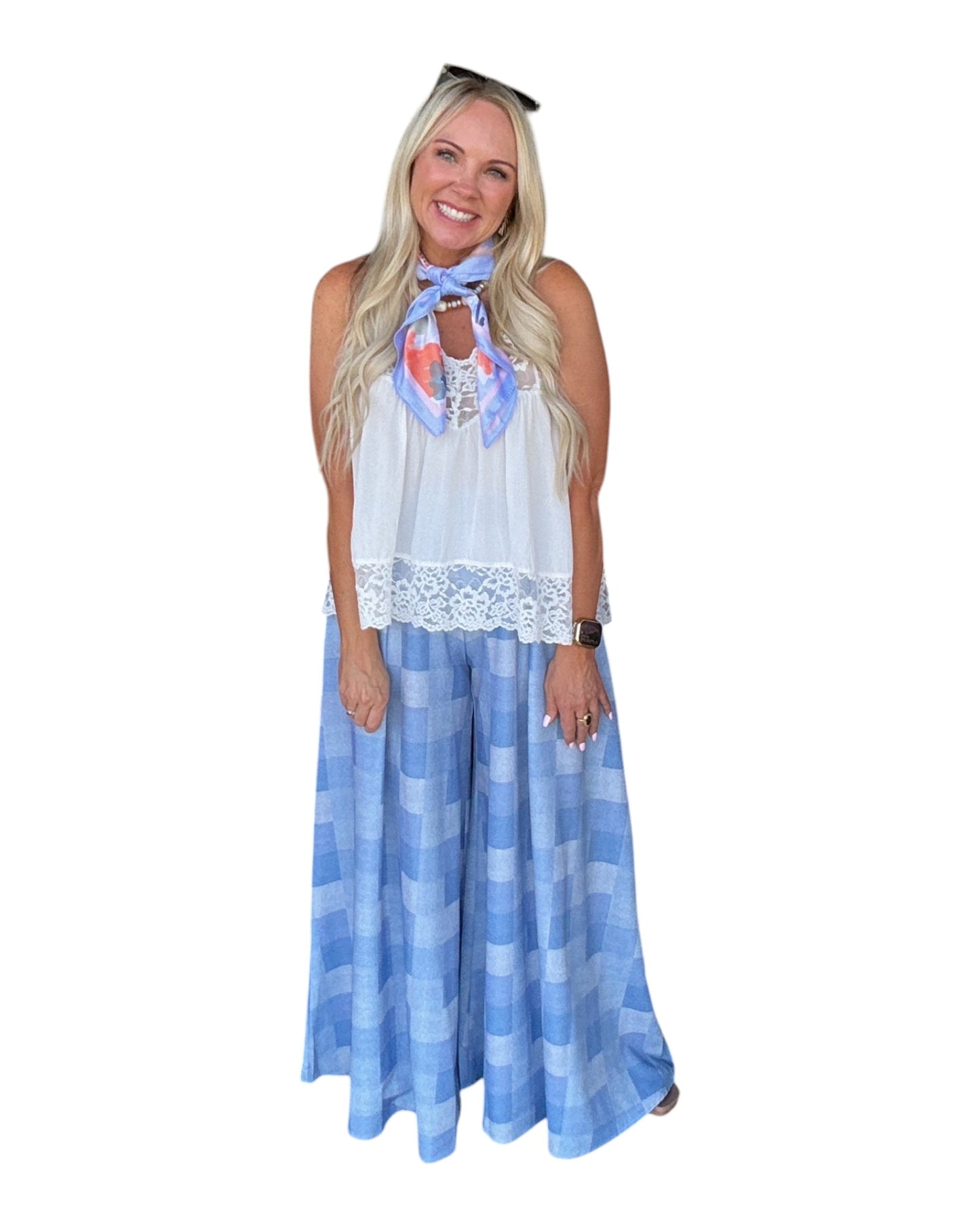 Denim Gingham Wide Leg Pants