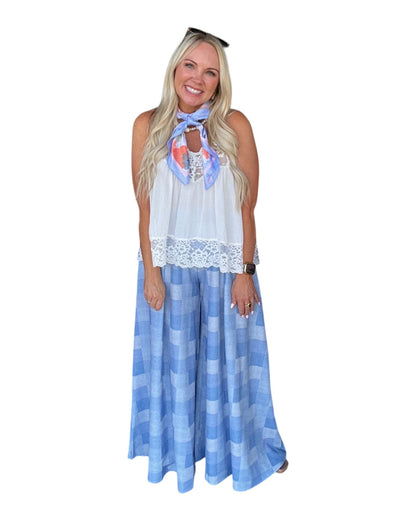 Denim Gingham Wide Leg Pants