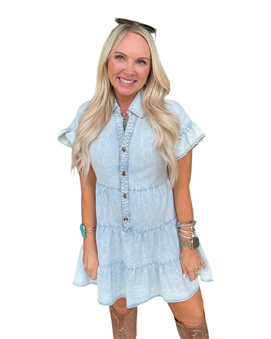 Blue Skies Chambray Tiered Dress