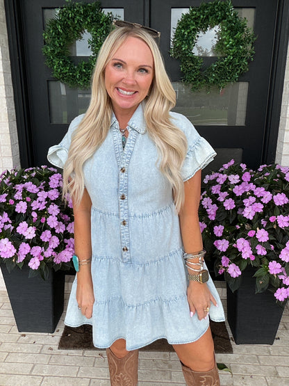 Blue Skies Chambray Tiered Dress