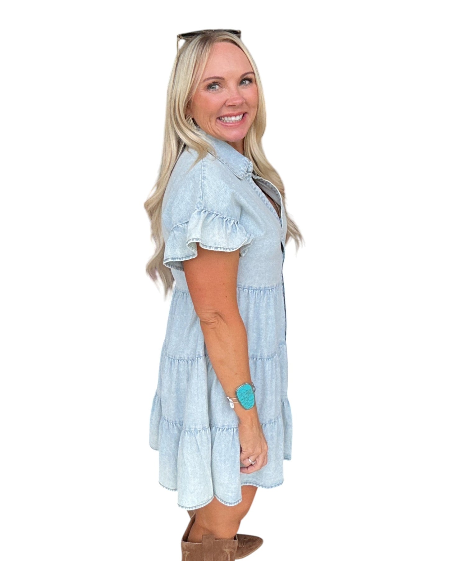 Blue Skies Chambray Tiered Dress