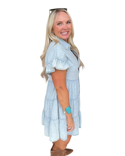 Blue Skies Chambray Tiered Dress