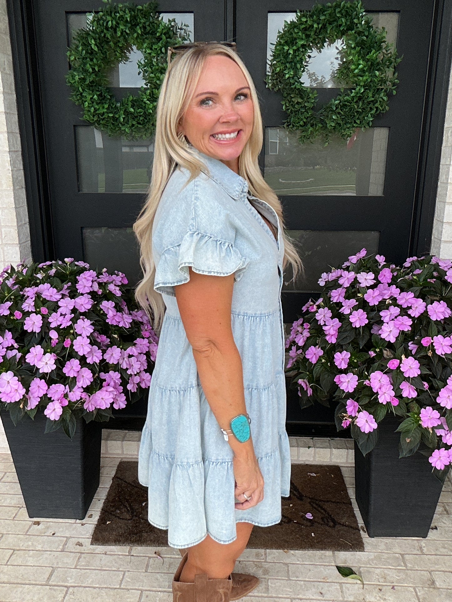 Blue Skies Chambray Tiered Dress