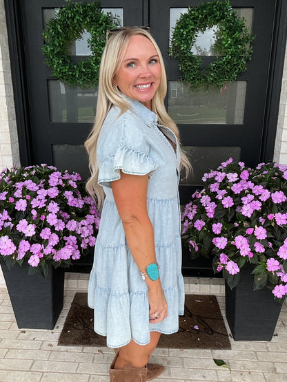 Blue Skies Chambray Tiered Dress