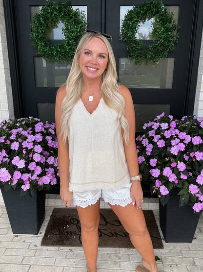 Frayed Stitch Detail Sleeveless Top - Natural