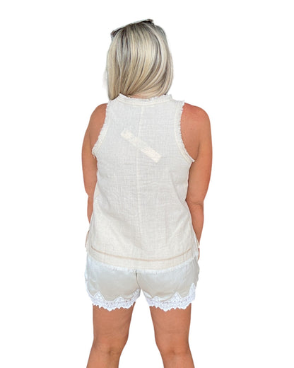 Frayed Stitch Detail Sleeveless Top - Natural
