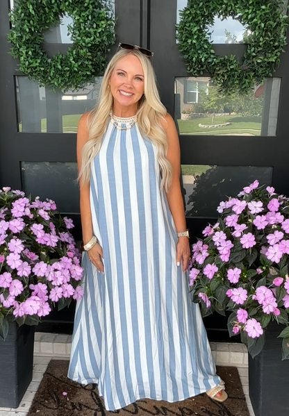 Striped Halter Neck A-Line Maxi Dress - Navy