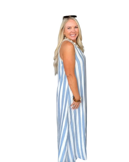 Striped Halter Neck A-Line Maxi Dress - Navy