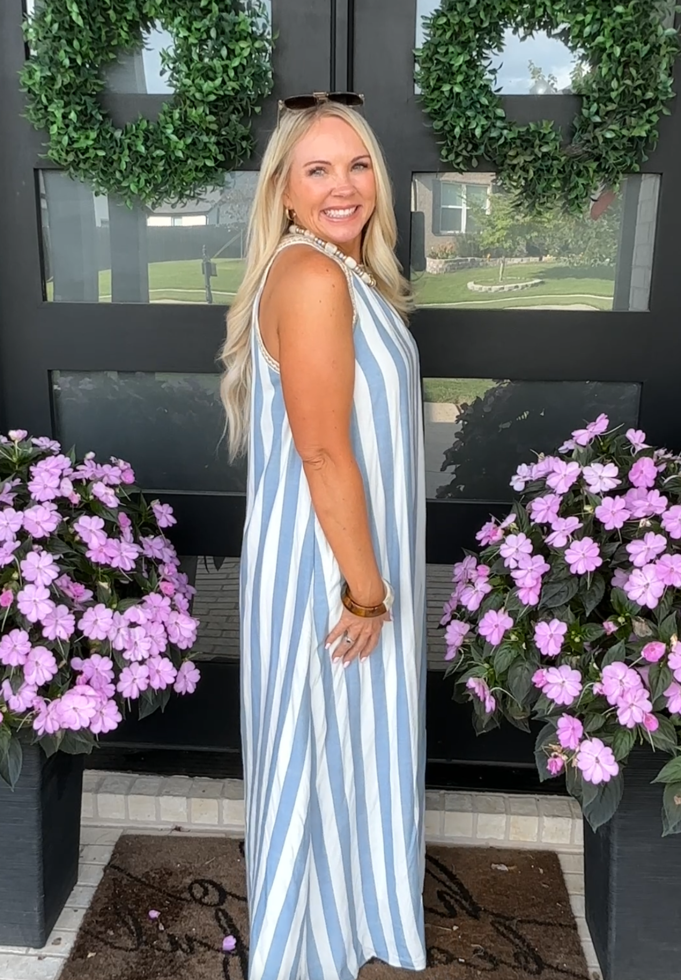 Striped Halter Neck A-Line Maxi Dress - Navy