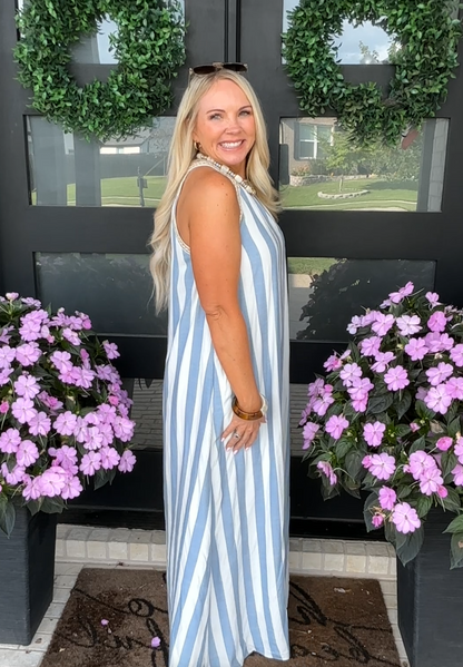 Striped Halter Neck A-Line Maxi Dress - Navy