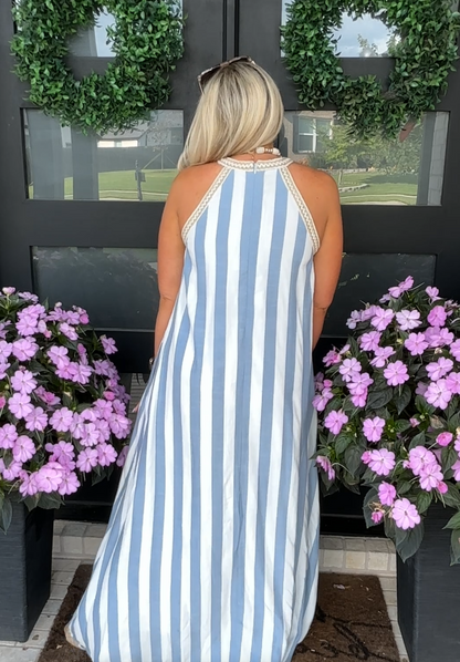 Striped Halter Neck A-Line Maxi Dress - Navy
