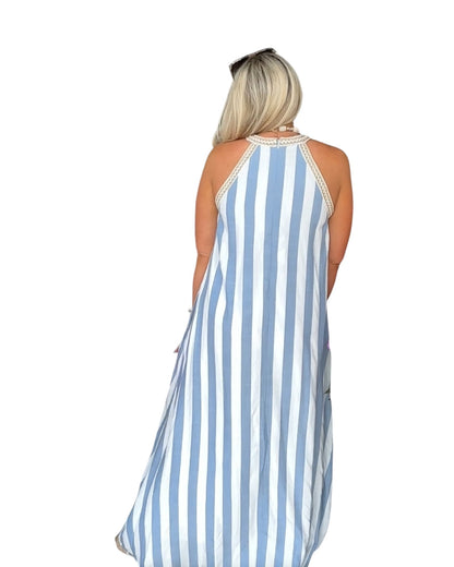 Striped Halter Neck A-Line Maxi Dress - Navy
