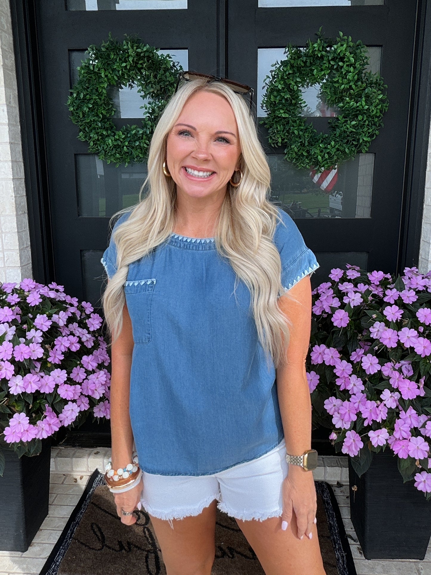 Contrast Stitch Chambray Tee