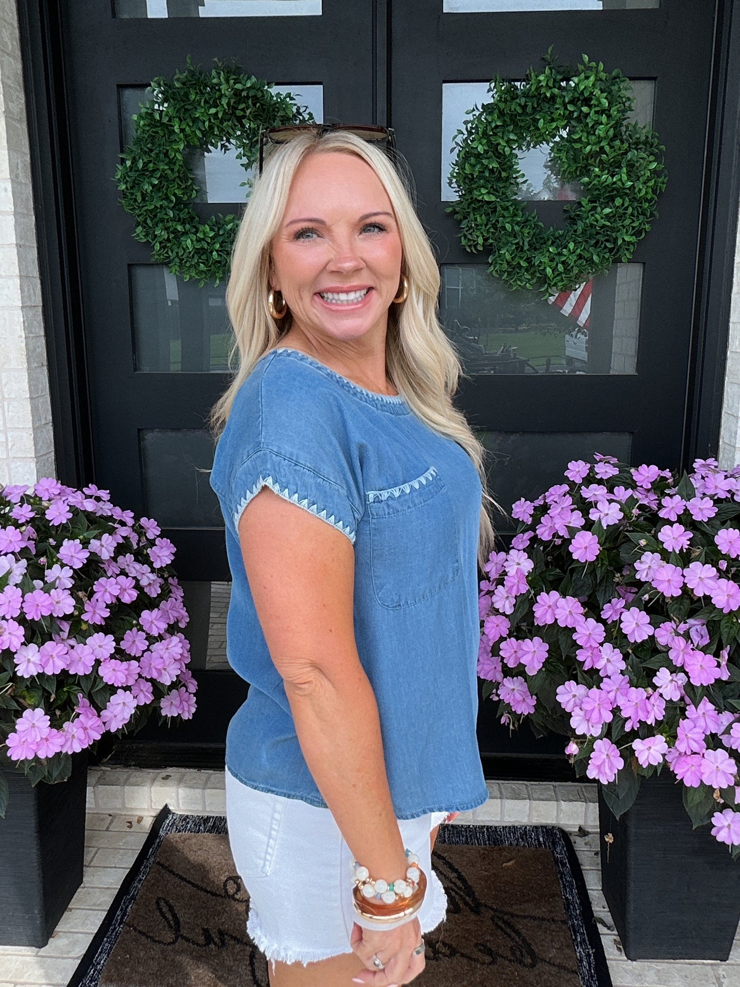 Contrast Stitch Chambray Tee